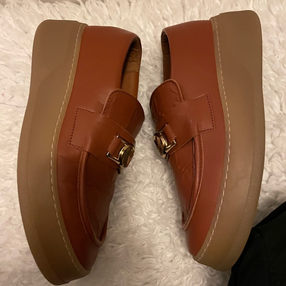 Brown Leather Loafers with Gold Buckle